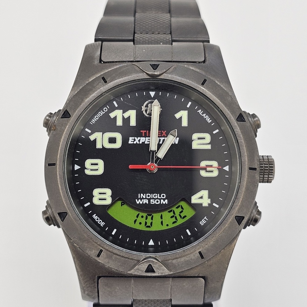 Timex Expedition Men Watch‎ 38MM Ana-Digi Black Dial Gunmetal Bands 6.5" NewBatt